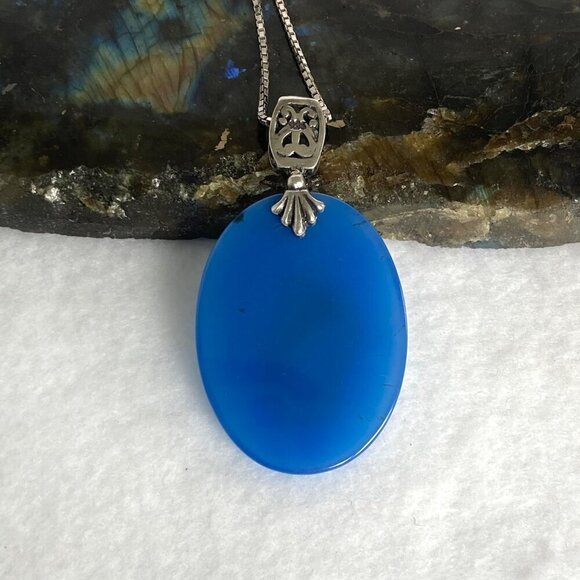 Sterling Silver 925 Oval Blue Chalcedony Quartz Scrollwork Pendant Necklace 20" - Picture 8 of 16